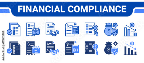 Financial Compliance Icon Collection,  featuring Audit, Tax, Contract, Accounting, Risk assessment, Solvency, Regulation.