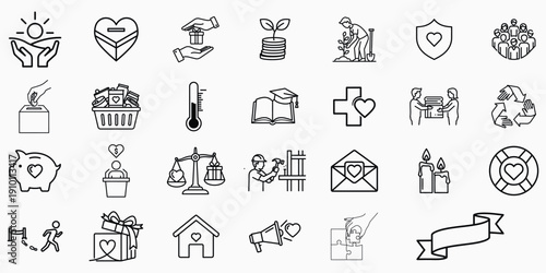 Collection of 25 black and white line icons and symbols