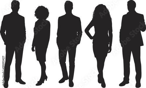 Business people silhouette collection, men and women walking professional poses set, isolated black vector illustration, corporate lifestyle teamwork concept design element pack