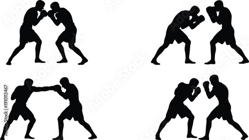 Boxing fighters silhouette collection, boxers fighting poses set, combat sport action figures, isolated black vector illustration, martial arts competition design element pack