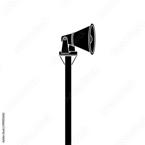 Public Announcement System: A stark black and white image depicts a vintage megaphone or loudspeaker mounted on a tall pole, symbolizing communication and public address. 