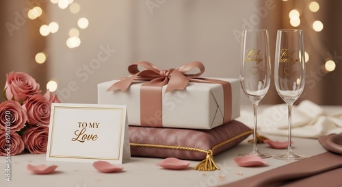 暖かなボケ光がロマンチックに輝く。バラとシャンパンが彩る愛の贈り物。大切な日を祝う。. AI Generated