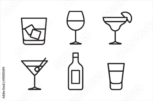 A collection of simple black line drawings depicting various alcoholic beverages