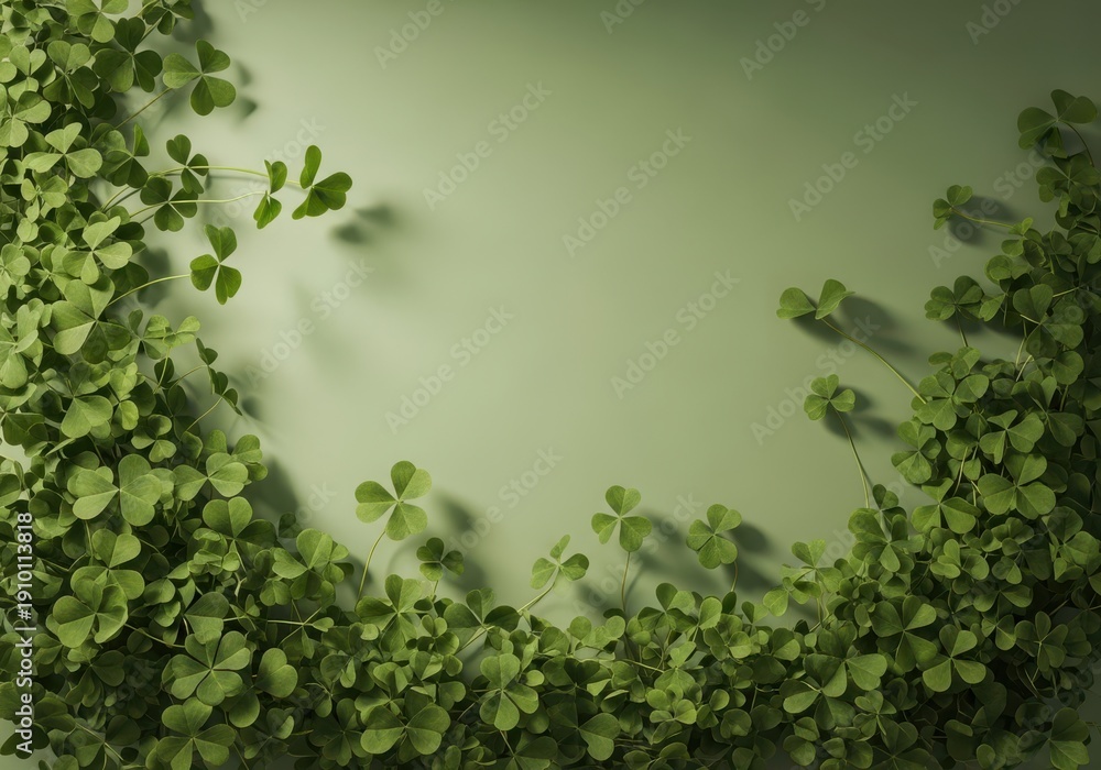 Obraz premium Lush Green Shamrocks and Clovers Creating a Natural Frame on a Light Green Background