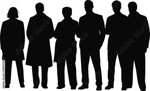 Business team silhouette collection, group of professional people standing together poses set, isolated black vector illustration, corporate teamwork concept design element pack
