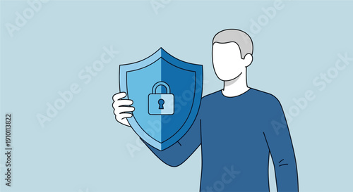A person holding a blue shield with a padlock, symbolizing digital security and data protection.