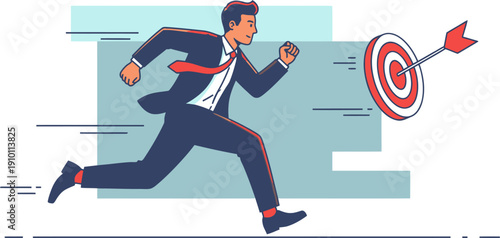 A determined businessman in a suit is running fast towards a target with an arrow, symbolizing ambition, goal achievement, and rapid progress in business.