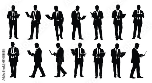 Collection of businessman silhouettes holding books and modern electronic devices for work tasks