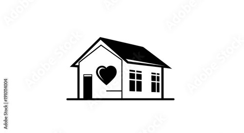 Minimalist Black and White House Icon with Heart Symbol