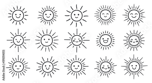 Cute Hand Drawn Sun Icons Set, Happy Faces, Doodle Style