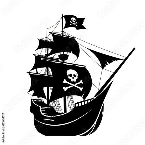 Pirate Ship Silhouette with Jolly Roger Flag on White Background