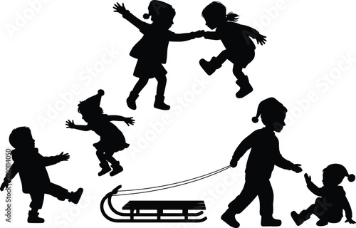 Children playing silhouette collection, kids jumping running and winter sled activity set, isolated black vector illustration, childhood fun lifestyle concept design pack