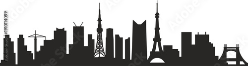 City skyline silhouette with famous landmarks, modern urban architecture panorama, travel destination cityscape illustration, isolated black vector design, metropolitan skyline collection