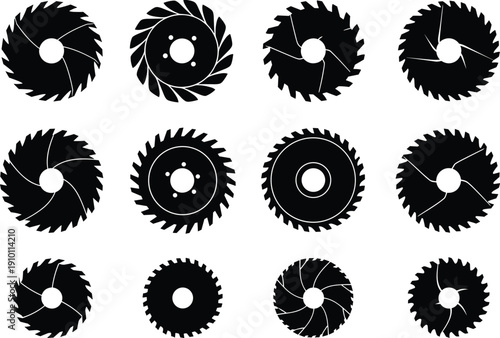 Circular saw blade silhouette collection with various industrial cutting disc designs isolated on white background for woodworking and construction