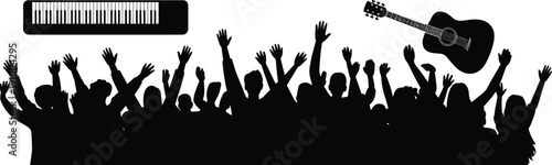 Concert crowd silhouette with raised hands, live music audience cheering, guitar and keyboard icons, isolated black vector illustration, entertainment festival celebration concept