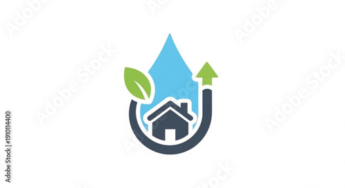 Eco friendly home water conservation logo with green leaf and blue water droplet symbolizing sustainability and environmental protection