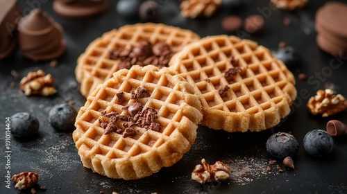 Three golden waffles are arranged on a dark surface, topped with chocolate chips and surrounded by nuts and blueberries.