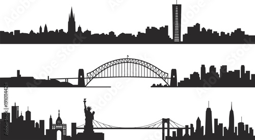 City skyline silhouette collection, famous urban landmarks and bridges panorama, modern cityscape vector illustration, isolated black architecture design, travel destination skyline set