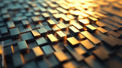 A close-up abstract image showcases a textured surface composed of numerous overlapping rectangular blocks, illuminated with warm golden light, creating a dramatic and visually rich effect.