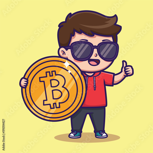 Cool Character Holding Bitcoin Coin Vector Illustration