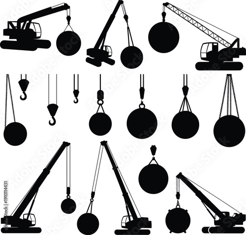 Construction crane wrecking ball silhouettes set, heavy machinery demolition equipment icons, industrial lifting machines collection isolated on white background for engineering design