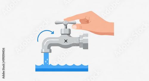 Hand turning off dripping silver faucet with water flowing into blue container