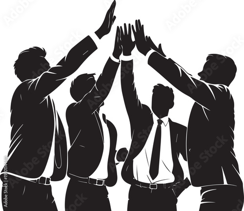 Business Success and Partnership: Silhouettes of men in suits raising hands in a high-five gesture, signifying achievement and team spirit.