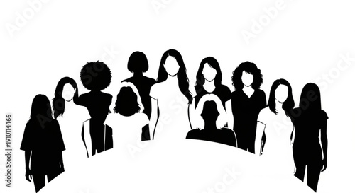 Diverse group of people standing together in solidarity black silhouettes on white background unity and togetherness concept