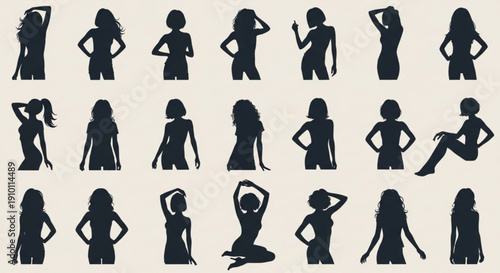 Collection of black silhouettes of women in various poses and outfits on beige background for design and illustration