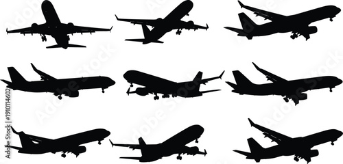 Commercial airplane silhouette collection with passenger jet aircraft isolated on white background, aviation transport set for travel and airline design