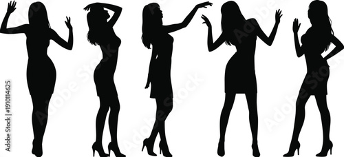 Dancing women silhouettes collection, female party poses set, black club dancer illustration isolated on white background stylish vector design
