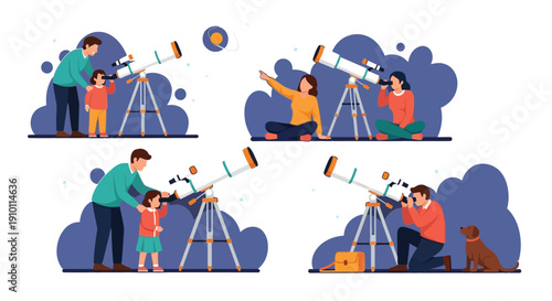 Families and individuals enjoy stargazing together using telescopes under the dark night sky