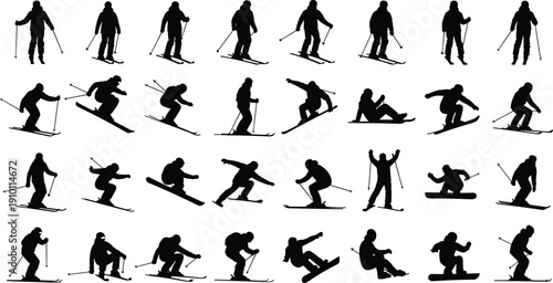 Collection of skiing and snowboarding silhouette poses isolated on white background, winter sports athletes action set for extreme sport design