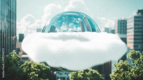 Futuristic cityscape with green globe.