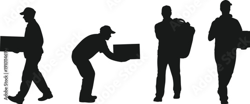 Delivery worker silhouettes set, courier carrying boxes and backpack illustration isolated on white background logistics service vector design