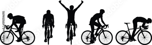 Cyclist riding bicycle silhouette set showing racing training and victory poses, road cycling sport action isolated vector illustration for fitness and competition design