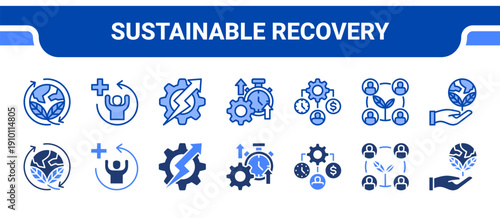 Sustainable Recovery Icon Collection,  featuring Sustainability, Recovery, Optimization, Productivity, Resource Allocation, Community, Ecology.