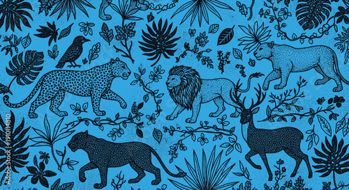 Detailed illustration of various wild animals including a leopard, lion, bear, and deer amidst dense jungle foliage on a blue background.