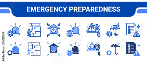 Emergency Preparedness Icon Collection,  featuring Emergency, Evacuation Plan, Shelter, Notification, Risk Analysis, Mitigation, Identification.