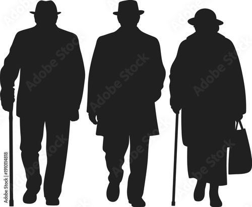 Elderly people walking silhouettes collection, senior men and woman with walking sticks, aged characters isolated on white background for healthcare design use