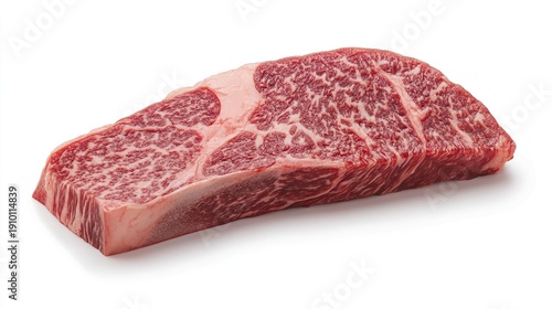 A beautiful piece of Wagyu beef, showcasing its characteristic marbling and rich red color, presented on a white background.