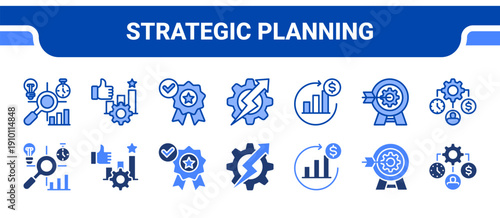 Strategic Planning Icon Collection,  featuring Methodology, Good business, Best practice, Optimization, Return On Investment, Effectiveness, Resource Allocation.