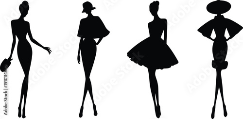 Elegant fashion women silhouette set featuring stylish female poses dresses hats handbag modern beauty model illustration isolated black vector design collection art