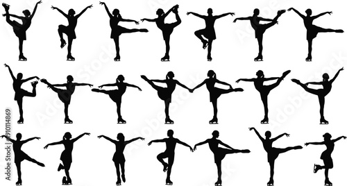 Figure skating silhouette collection with female ice skater poses isolated on white background for winter sport and performance design