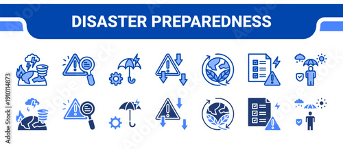 Disaster Preparedness Icon Collection,  featuring Natural Disaster, Risk Analysis, Mitigation, Reduction, Sustainability, Identification, Protection.