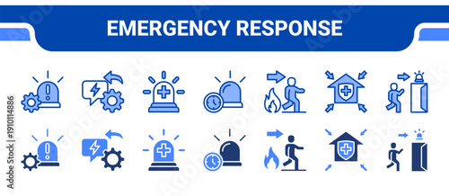 Emergency Response Icon Collection,  featuring Emergency, Response, Emergency Light, Notification, Evacuation, Shelter, Emergency Exit.