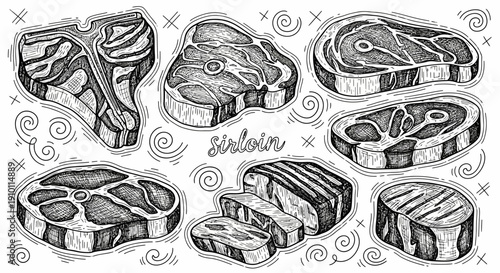 Detailed hand-drawn illustration of various raw beef steak cuts, including T-bone, sirloin, and other prime cuts, presented in a vintage sketch style.