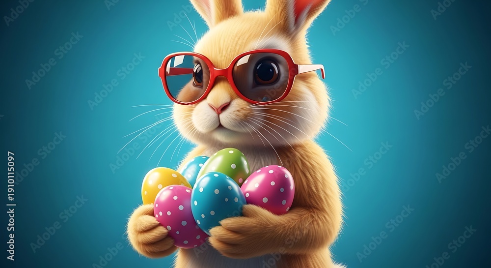 Obraz premium Cute bunny holding colorful Easter eggs with sunglasses in studio blue background