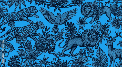 A detailed blue jungle pattern featuring various wild animals like leopards, lions, deer, and a bird amidst tropical foliage.