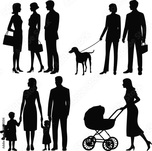 Family and people lifestyle silhouette collection, parents children and couples set, daily life activity figures, isolated black vector illustration, social concept design